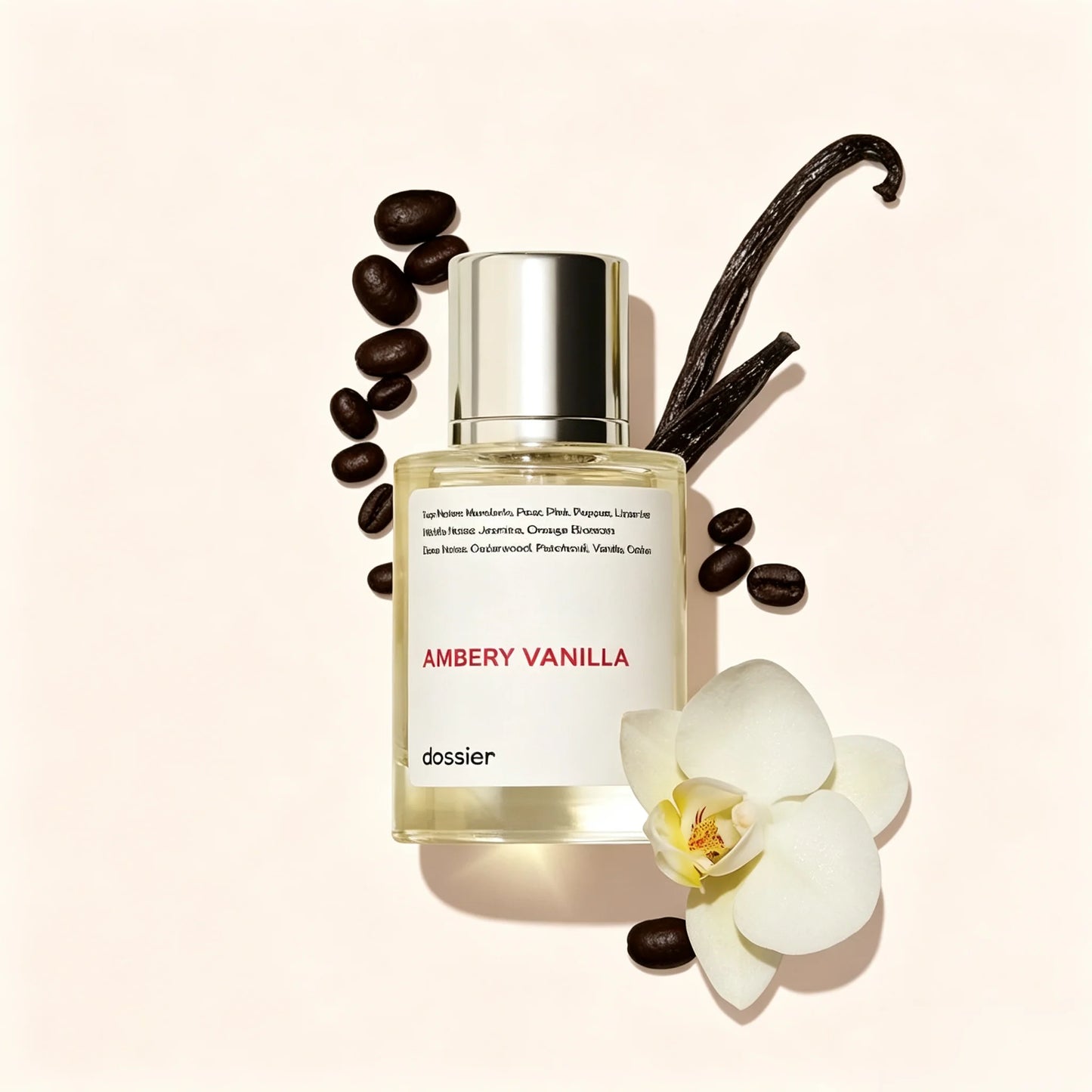 Dossier Ambery Vanilla Unisex EDP Perfume Clear Mini Square Bottle Polished Silver Cylindrical Cap Minimalist White Text Label Warm Creamy Amber Vanilla Coffee Woody Scent Clean Neutral Gourmand Fragrance Gift For Men Women
