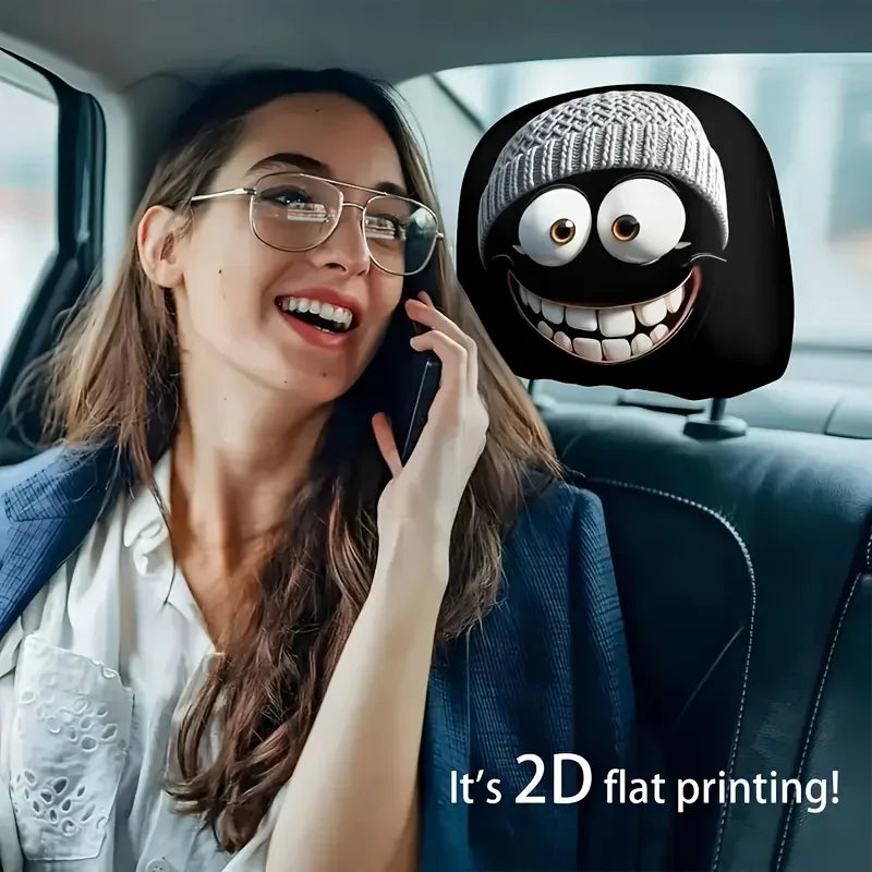 Grey Funny Smiling Face Car Headrest Cover, Double-sided Print - No Filling Material, Easy Installation - Interior Decoration