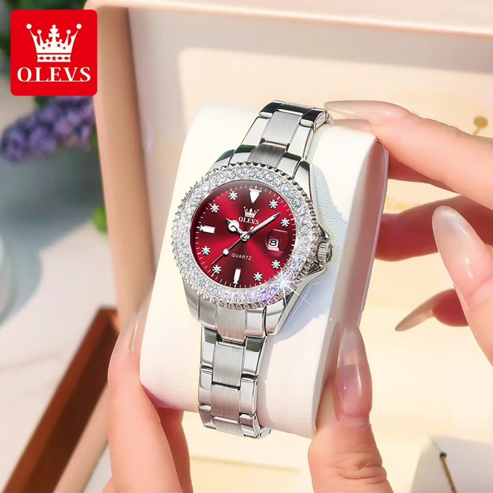 OLEVS Elegant Original Quartz Women's Watch Luxury Diamond Dial Fashion Steel Band Leather Band Waterproof Glow Watch 9945