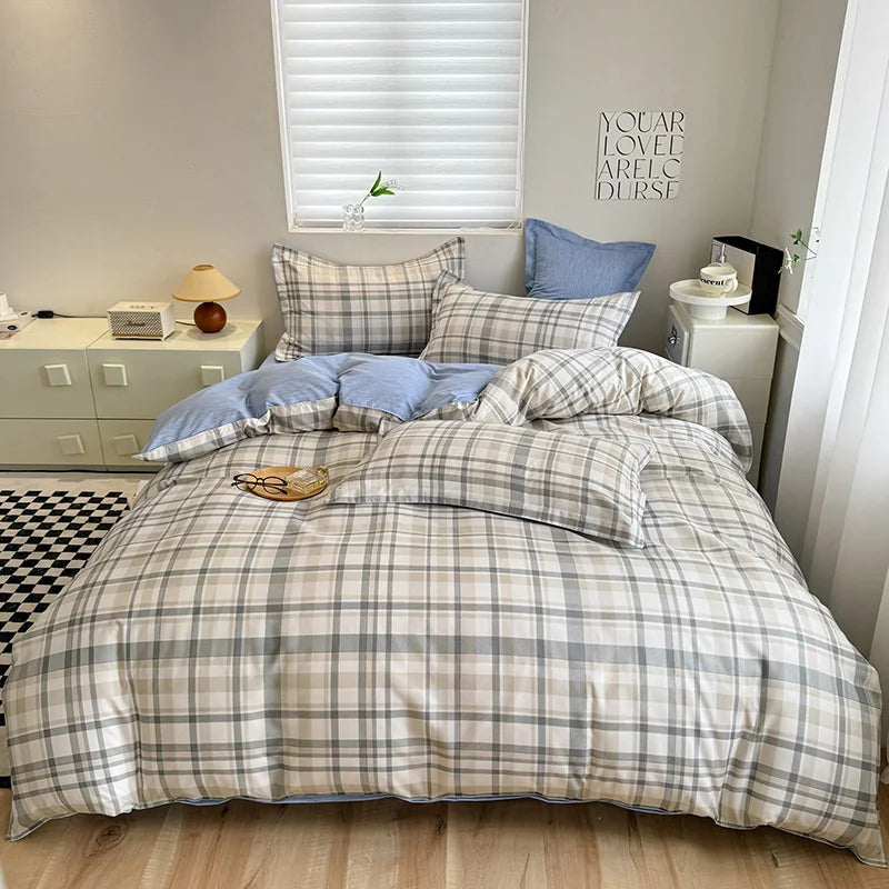 Korean Ins Pink Plaid Duvet Cover Set Queen King Bowknot Print Bedding Set Skin Friendly Soft Comforter Cover Sheets Pillowcases