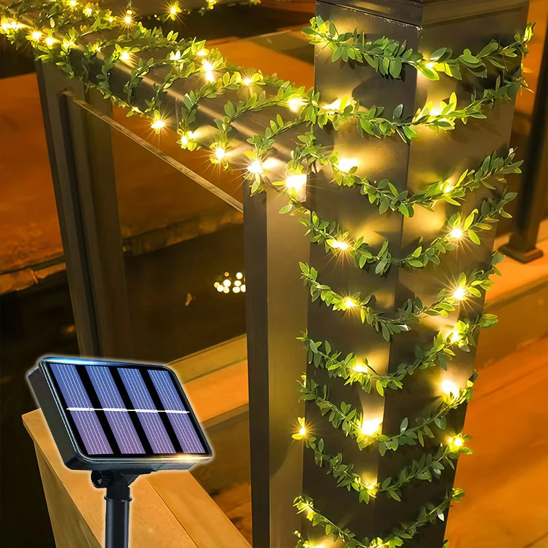 50/100LED Green Fairy Lights with Solar-Powered Artificial Ivy Leaves Featuring 8 Modes for Garden Wedding Christmas Decoration