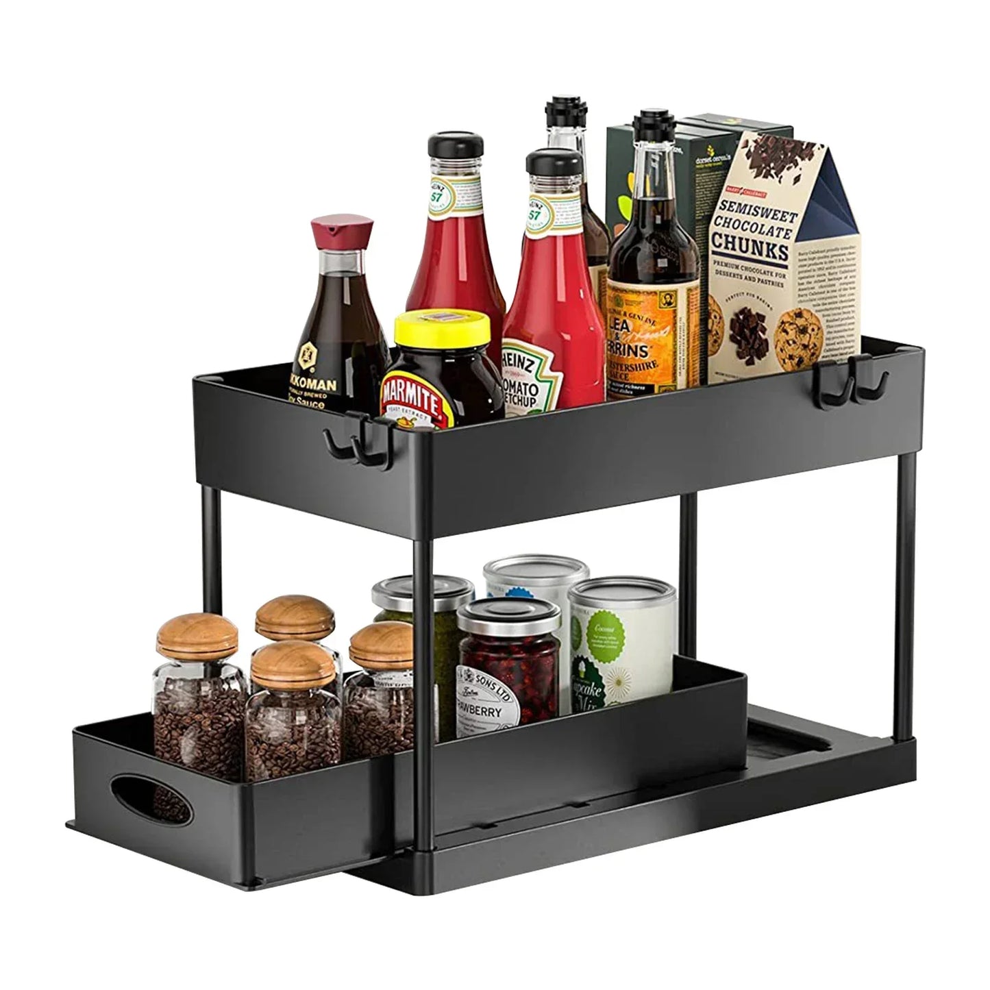 2 Layer Under Basin Retractable Cabinet Basket Storage Holder with Hanging Hooks Cup Rack Restroom Functional Organizer Stand