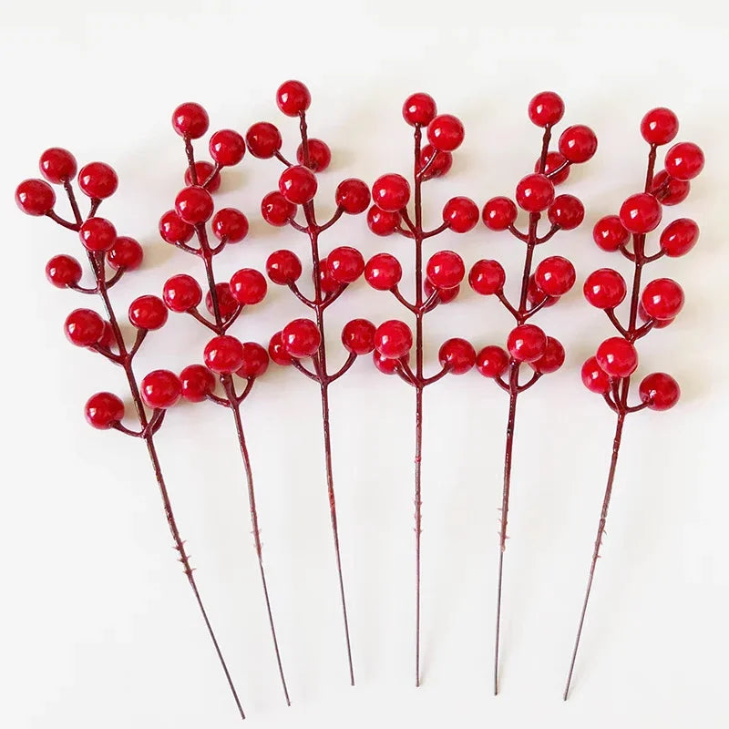 5/100x Artificial Red Berries Branch Fake Flower Holly Berry Simulation Plants Christmas DIY Wreath Xmas Tree Party Decoration
