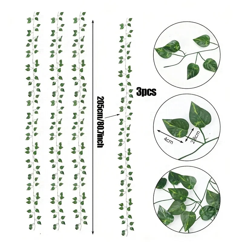 3pcs Artificial Green Ivy Vine Lifelike Faux Hanging Plant for Bedroom Wall, Wedding Indoor Outdoor Decor, Patio Decoration