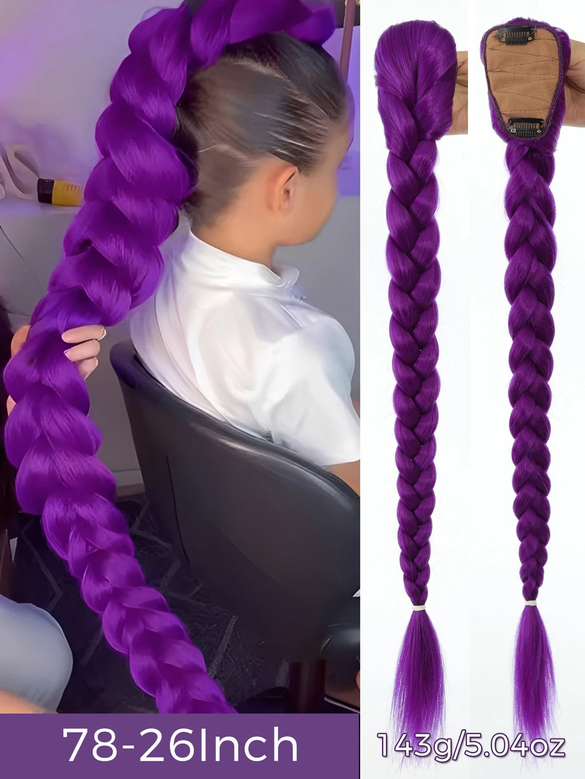 32inch Braided Purple Hair Ponytail with Tinsel Hair Wig Super Extensions Shiny Tinsel Hair for Kids Christmas Cosplay Rumi Hair