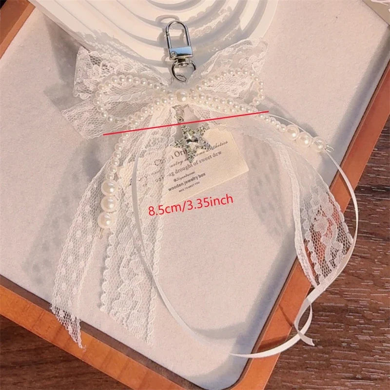 Lace bow Keychain Hollow Red Ribbon Cherry Pendant Women Handbag and Backpack Key Chain Exquisite Ornament Holiday Gift Decor