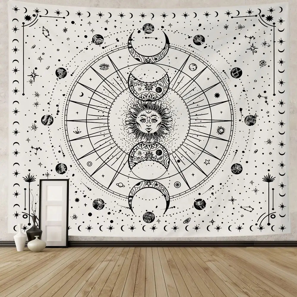 VIKAMA Star and Moon Embroidered Tapestry Constellation Boho Living Room Bedroom Meditation Room Decoration