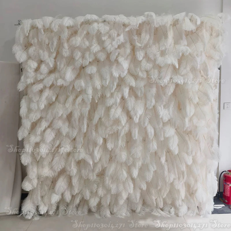 5D Black Rose 8ft X 8ft Feathers Wall Roll Up Backdrop for Wedding Decor Hanging Ivory Artificial Silk Pink Flower Wall Party