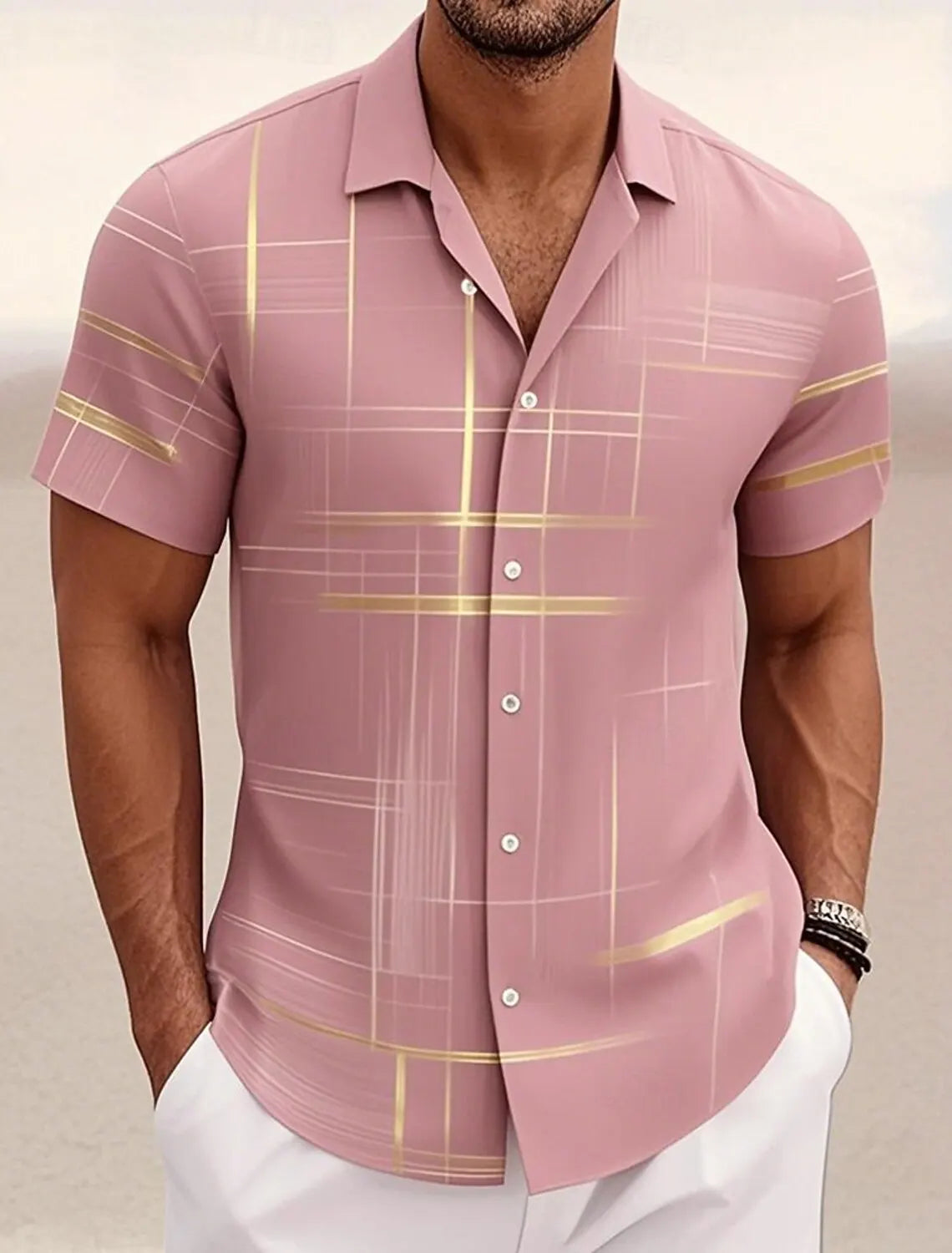 Summer Men's Geometric Grid Plaid Shirts Short SleeveTurndown Hawaiian Shirt Button Up Shirts No Pockets Shirts