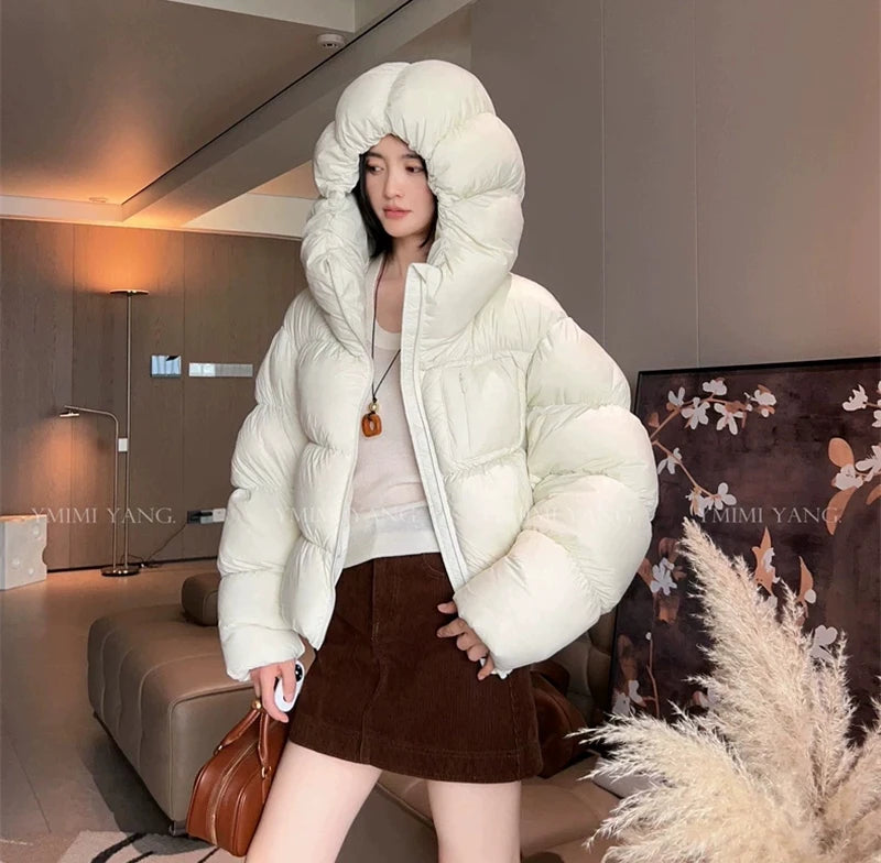 ZAROY Puffy Cotton Jacket Women Winter Warm Thicken Parka Drawstring Hooded Short Coat Windproof Y2K Streetwear куртка женская
