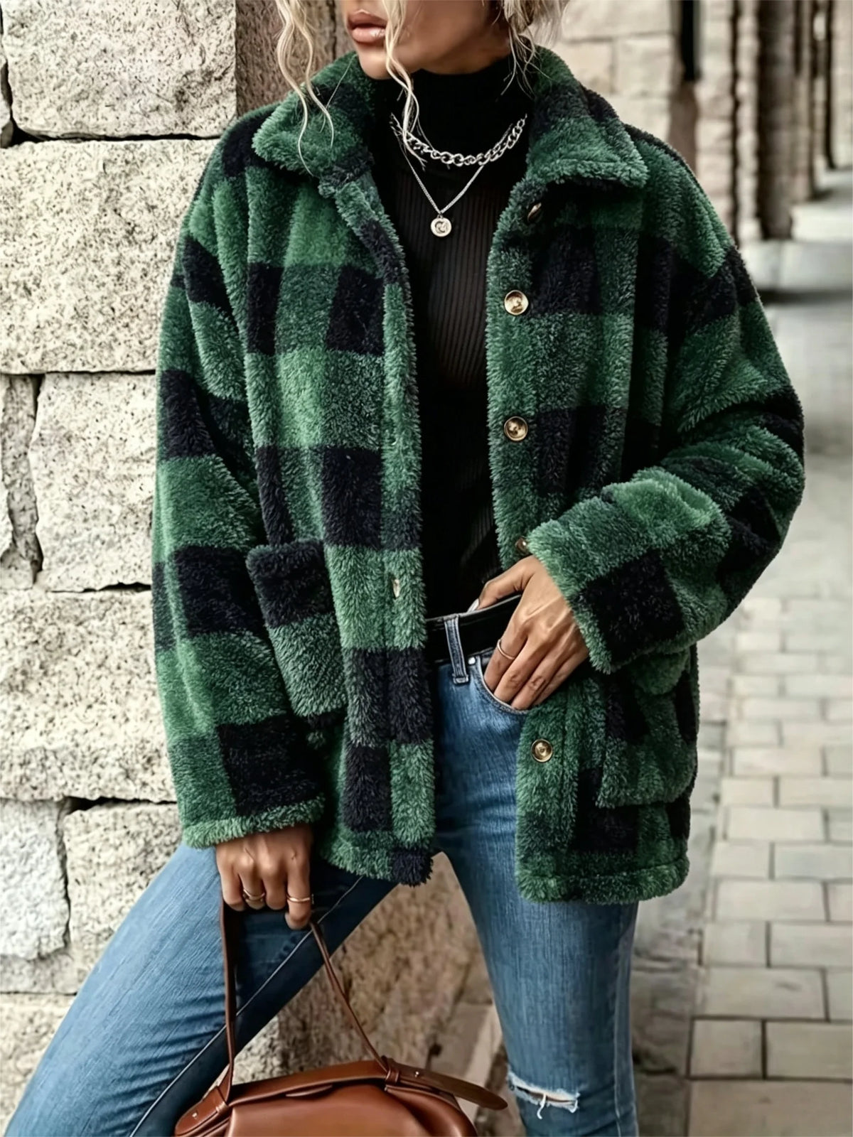 Women's Plaid Fluffy Fleece Lapel Shacket Jacket Fall Clothes 2026 for Women