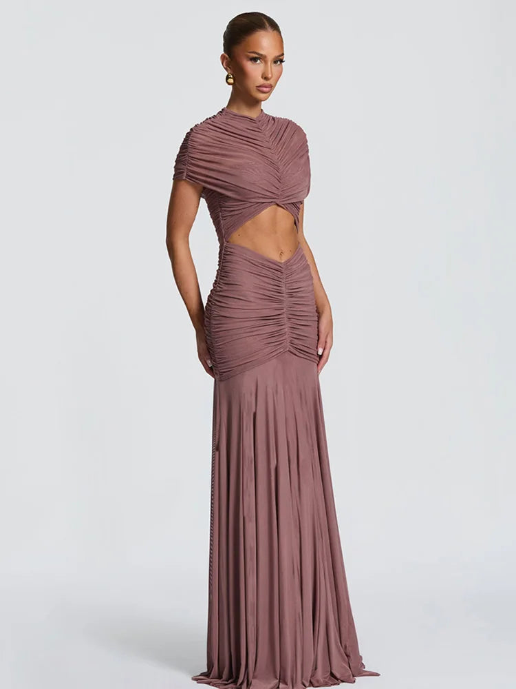 Rinabe Women Short Sleeve Maxi Dress Sexy Solid Color Mesh Ruched Bodycon Long Dress Hollow Out Pleated Turtleneck Evening Dress