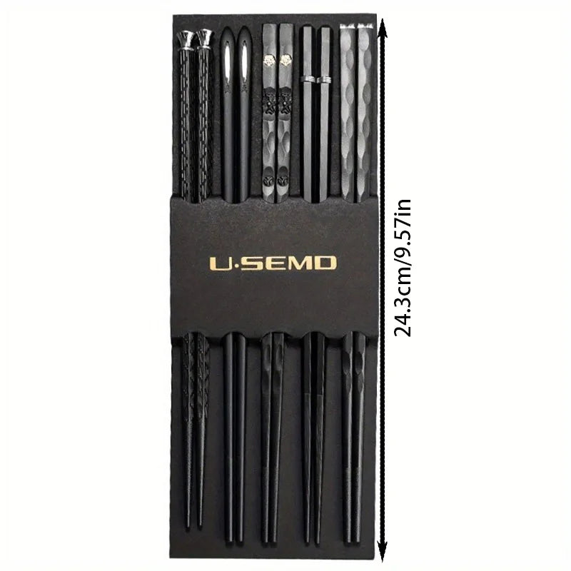 9.57in Japanese-Style Black Alloy Chopsticks Set - Reusable Tableware in Gift Box