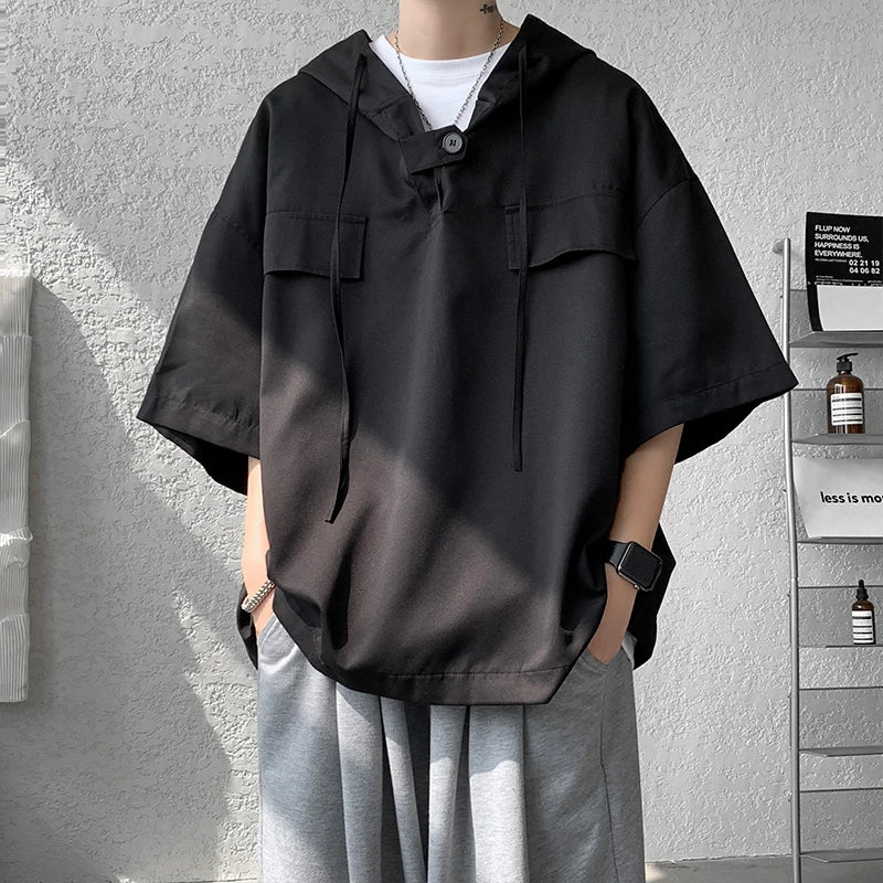 5 Colors Summer Hooded T shirt Men Korean Half Sleeve Pullover Streetwear Loose T-shirt Tops Drawstring Men Clothing