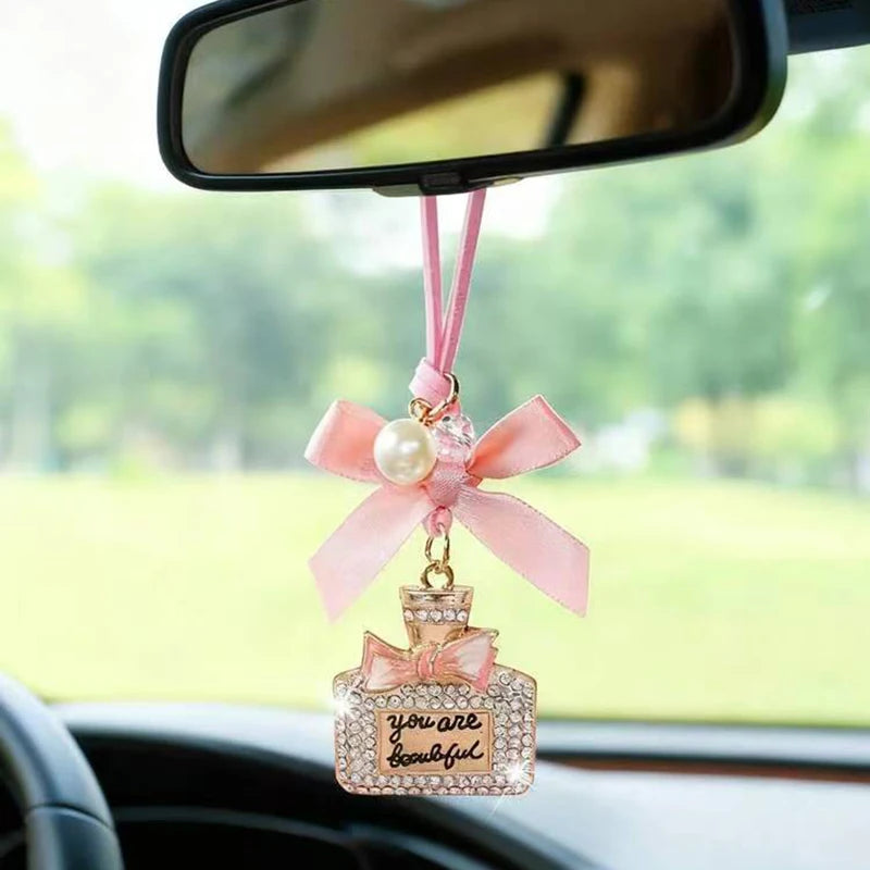 Fashionable Bow Knot Diamond Inlaid Perfume Bottle Car Interior Pendant Exquisite with Drill Car Rearview Mirror Car Accessories