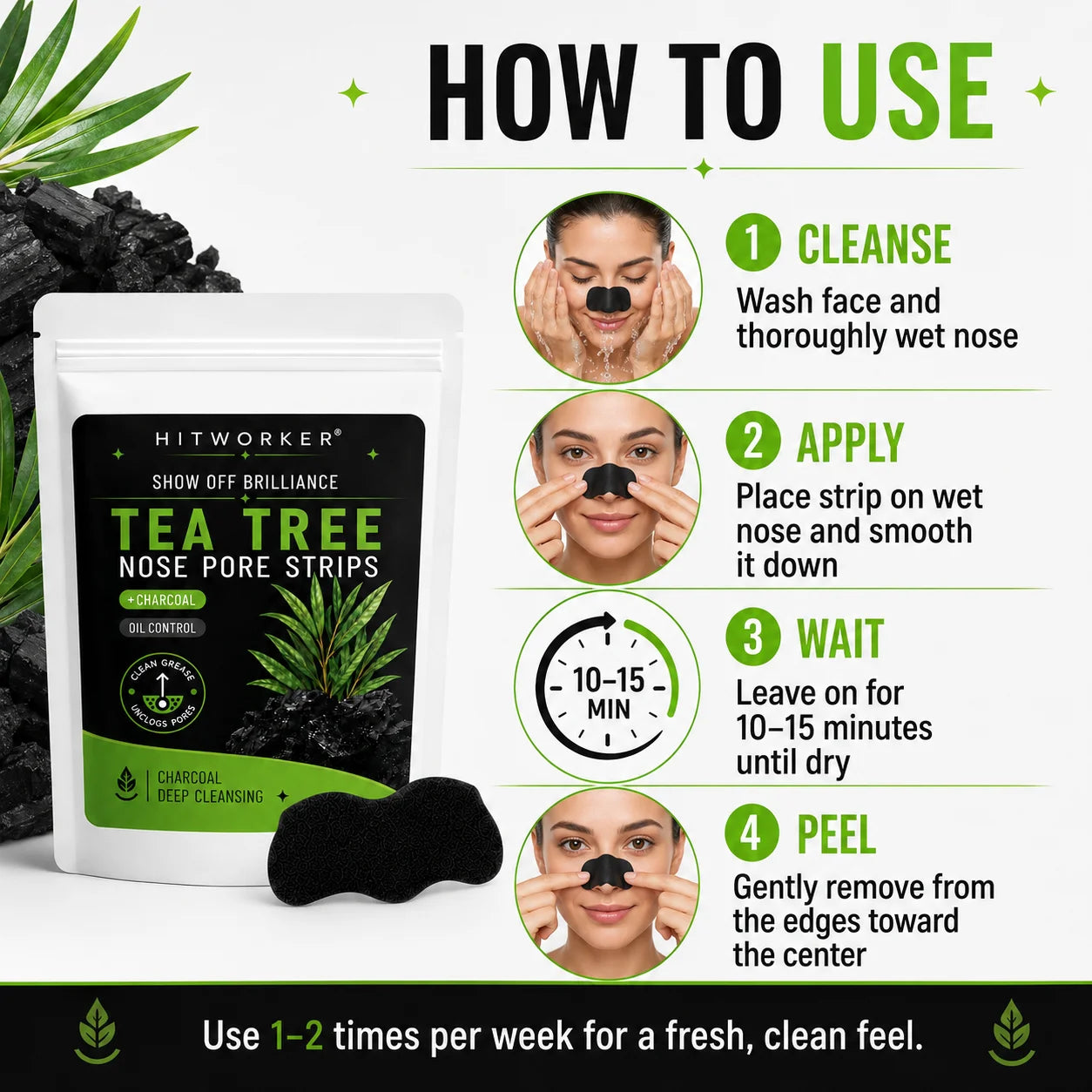 Tea Tree Charcoal Nose Pore Strips, Deep Cleansing Blackhead Remover for Men & Women, Oil Control Nose Care, 10–15 Min Routine