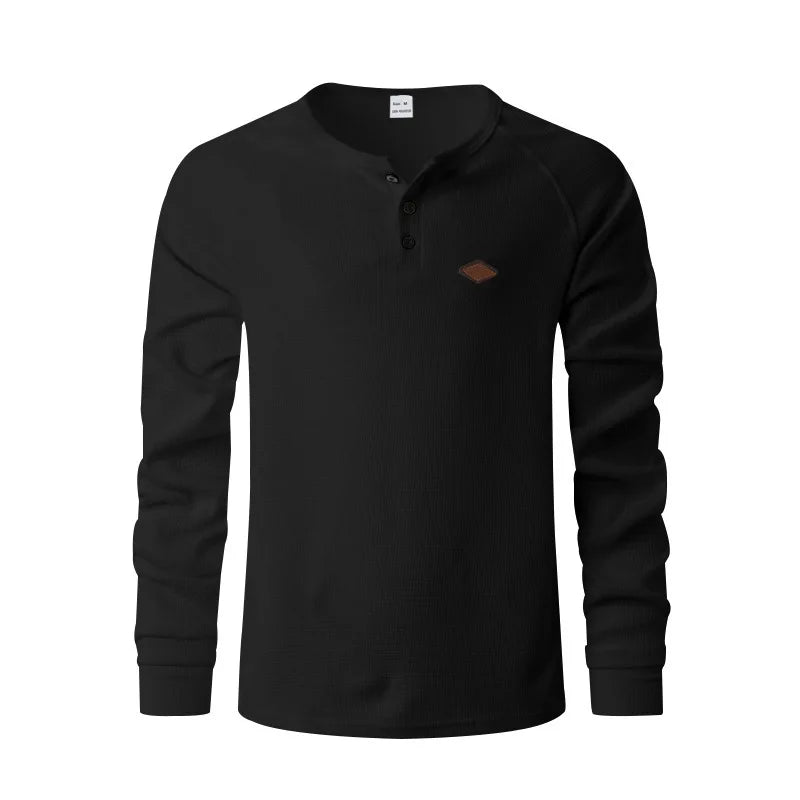 Mens Waffle Texture Henley Neck Long Sleeve Top Raglan Sleeve Leather Label Decor Loose Casual Solid Color Daily Pullover Shirts