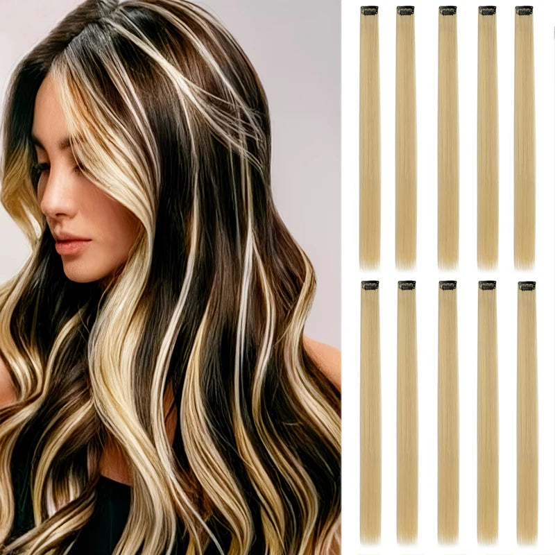 10PCS Hair Extensions Clip in -24 inch Colorful Hair Extensions Party Highlights Long Straight Synthetic Wigs,Suitable for Girl