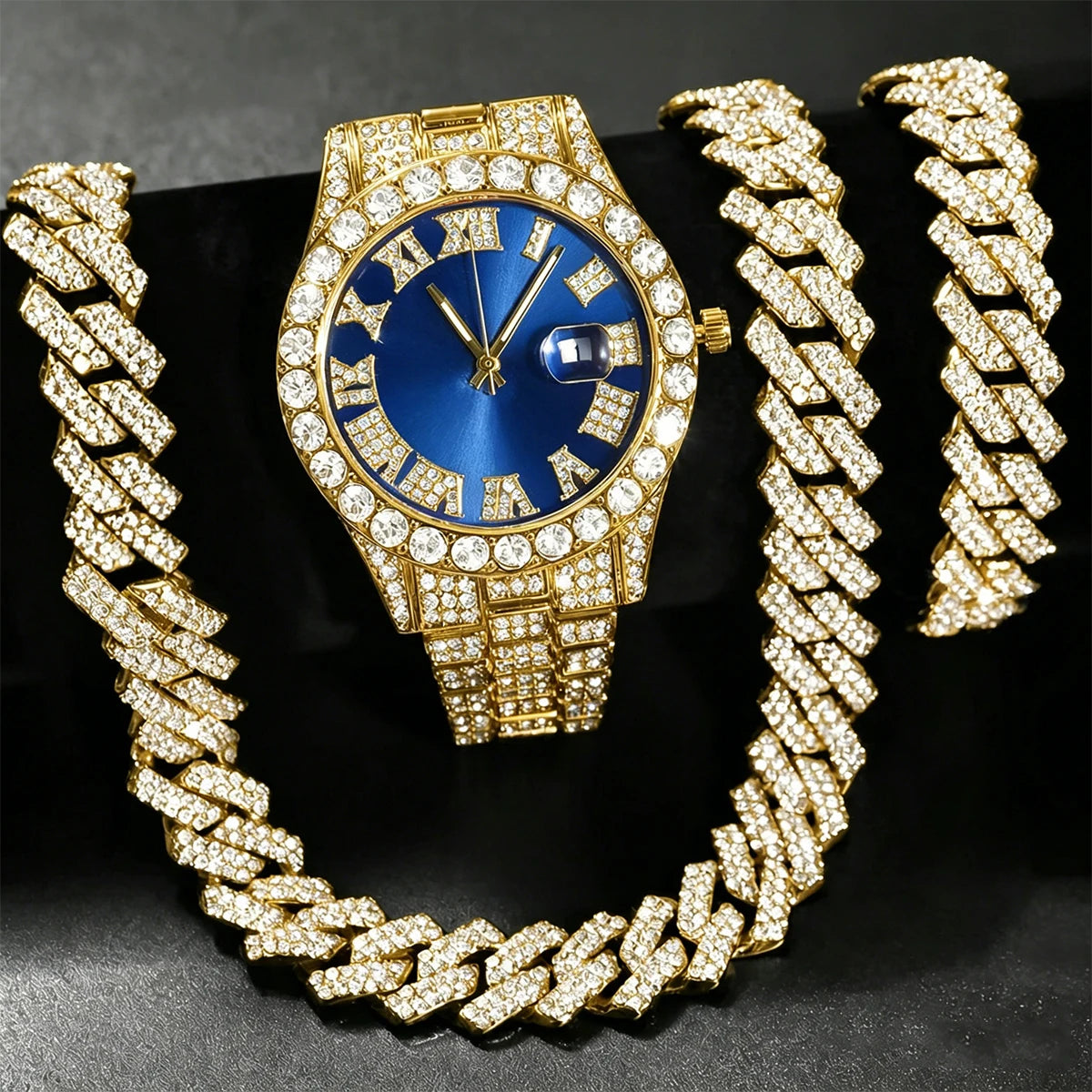 3PCS Hip Hop Iced Out Men's Watch Jewelry Set Luxury Rhinestone Quartz Wristwatch Cuban Link Chain Accessories for Women Gift