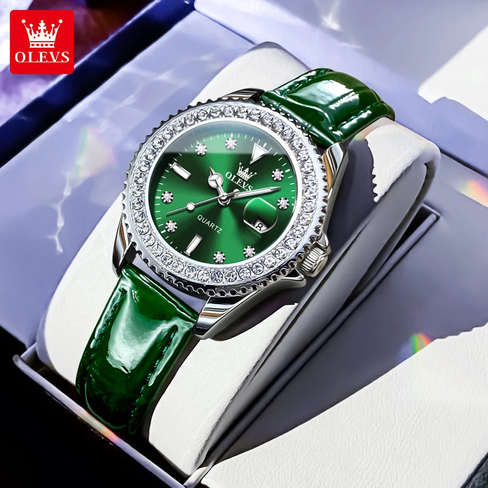 OLEVS Elegant Original Quartz Women's Watch Luxury Diamond Dial Fashion Steel Band Leather Band Waterproof Glow Watch 9945