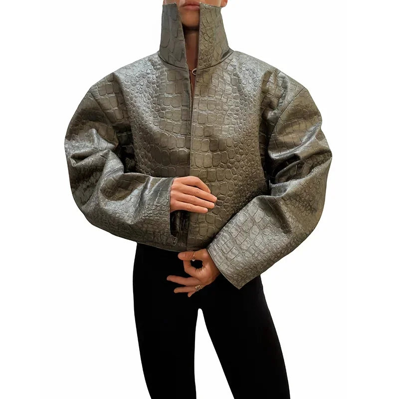 Crocodile Pattern Embossed Short Women Leather Jacket Stand Collar Zipper Long Sleeved Cropped Jackets 2026 Street Daily Outfit