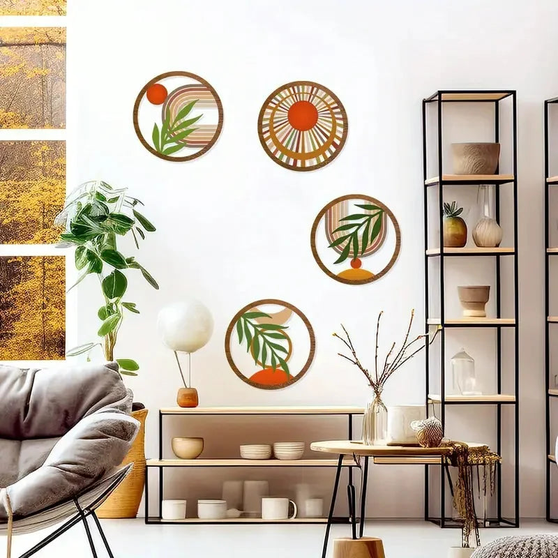 4Pcs Bohemian Wooden Wall Art Decorations Hollow Design Hanging for Living Room Bedroom Courtyard - Unique Decorative Pieces