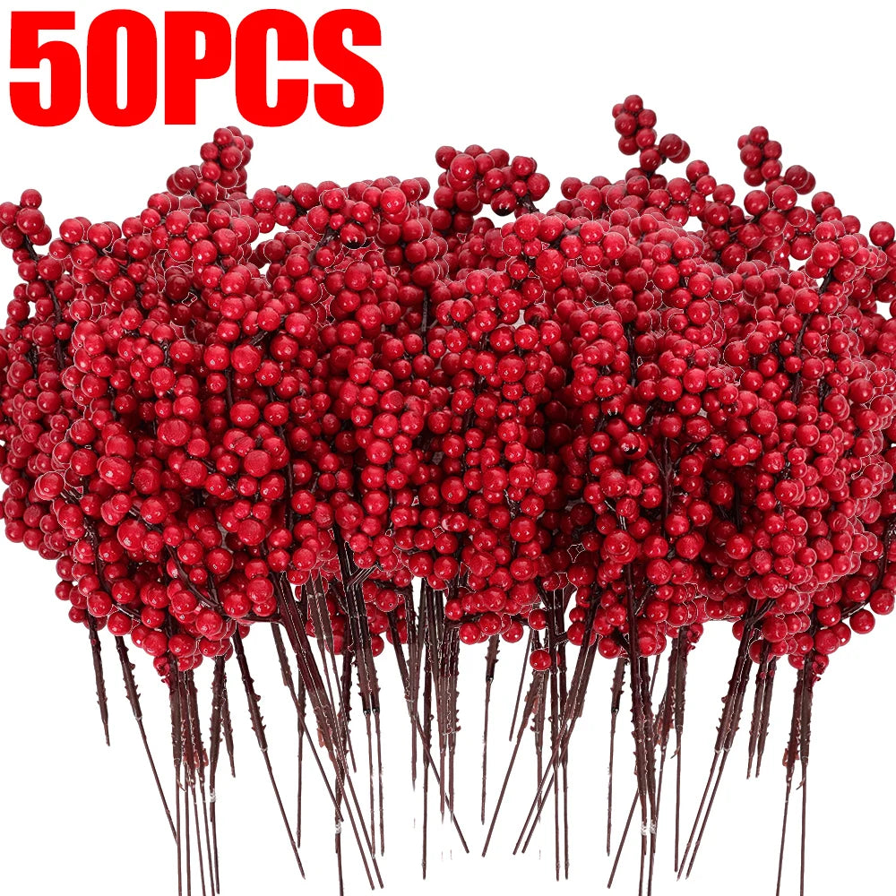Christmas Artificial Berries Stem Frosted Red Holly Berry Picks Xmas Tree Garland Wreath Floral Arrangement Winter Holiday Decor