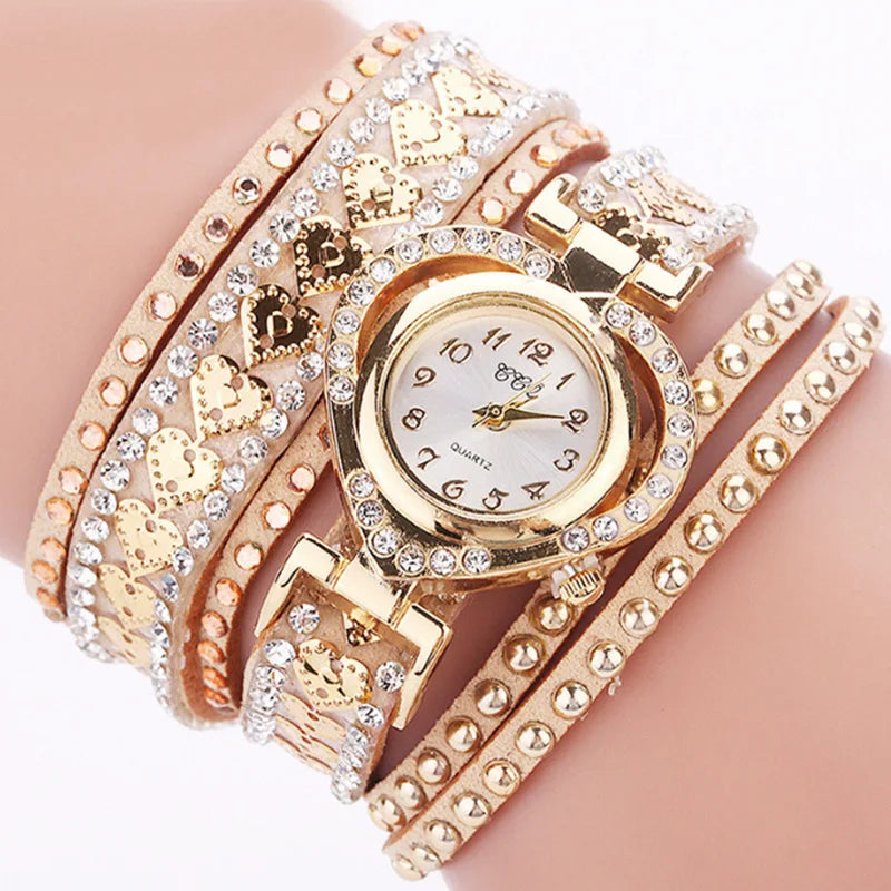 Luxury Women Heart Dial Shiny Design Quality Women Quartz Watch Fashion Rhinestone Bracelet Wrap Strap Women Watch Gifts