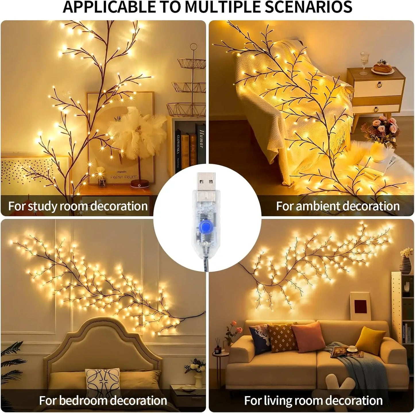 144LED Vine Branch String Lights Artificial Willow Vine Light USB Bendable DIY Indoor Decor Lighting for Bedroom Wall Holiday