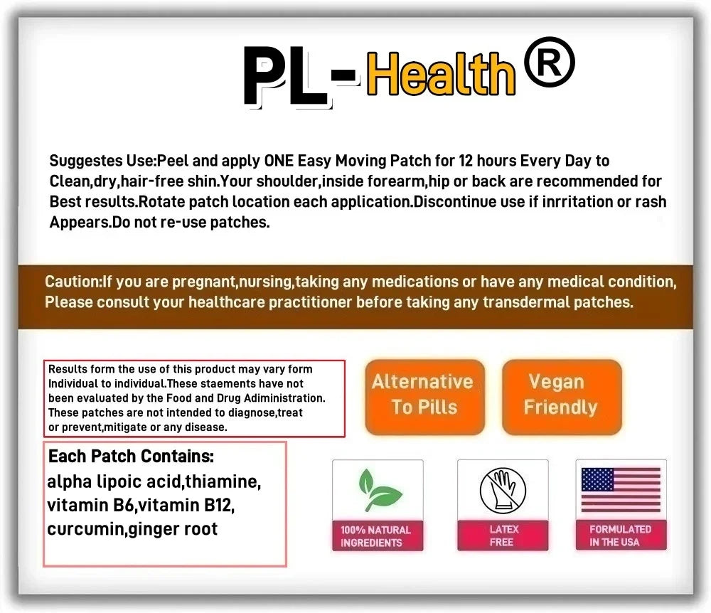 30 Patches Nerve Support Transdermal Patches with Alpha Lipoic Acid , Curcumin, Ginger Root, Vitamin B6, B12 Neuro Health