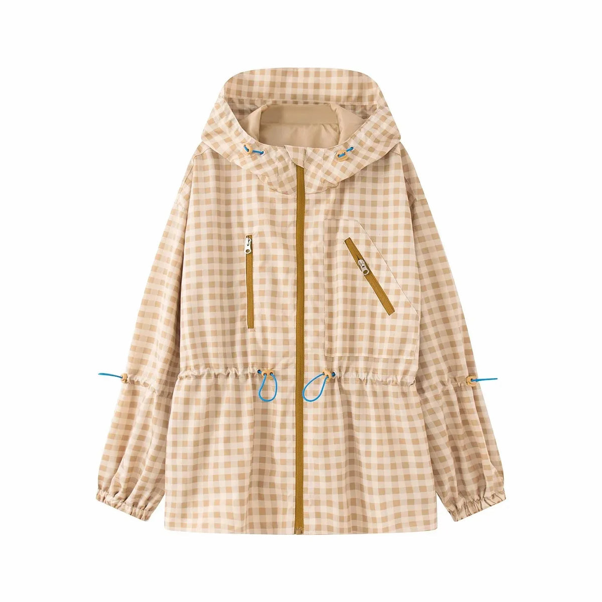 Women Plaid Hooded Drawstring Waist Cinching Jacket Women Loose Long Sleeve Zipper Jackets Fashion Female Street Outwear