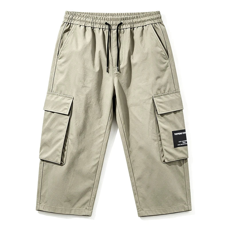Men 7/8 Length Cargo Capri Pants Drawstring Elastic Waist Large Capacity Flap Side Cargo Pockets Daily Outdoor Casual Trousers