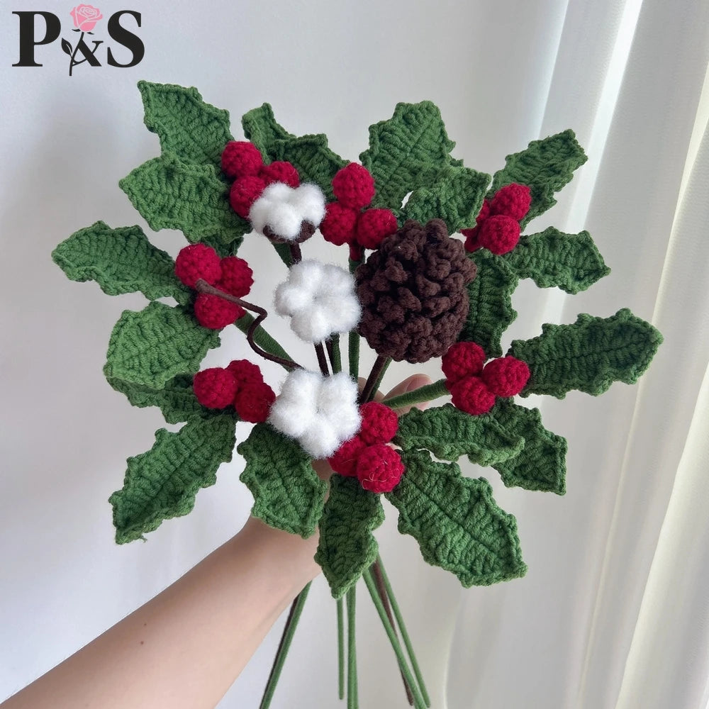 Christmas Crochet Flower Bouquet Decoration Handmade Cute Tulips Rose Pinecone Christmas Tree Home Decoration Artifical Flowers