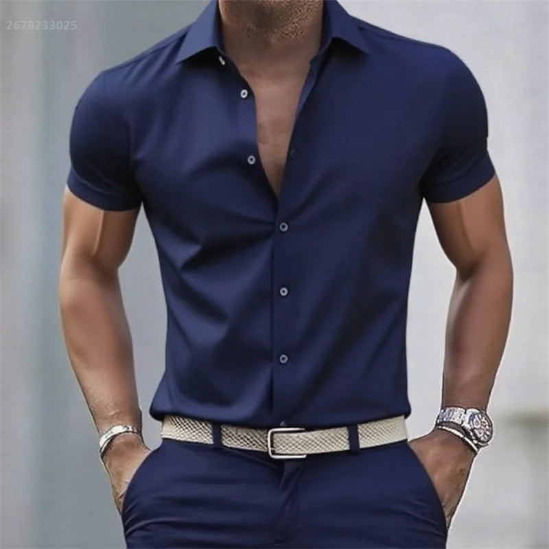 Solid color men's casual shirt, fashionable casual short sleeve stretch fabric, business formal shirt, comfortable fabric