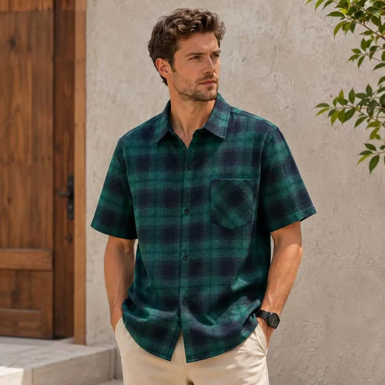 Euro Size Plaid Shirt Flannel Black Checkered Shirt Men Shirts Short Sleeve Button Down Chemise Homme Male Summer Check Vocation