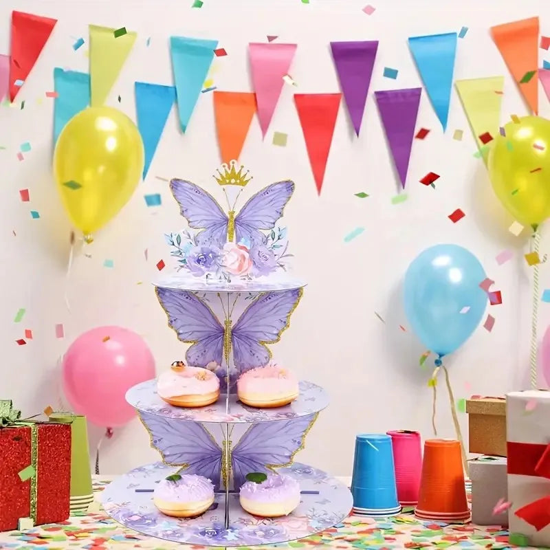 Buttleply 3 Tier Cupcake Stand Purple Butterfly Cupcake Stand Decoration - 3-Tier Butterfly Floral Crown Cupcake Tower Cardboard