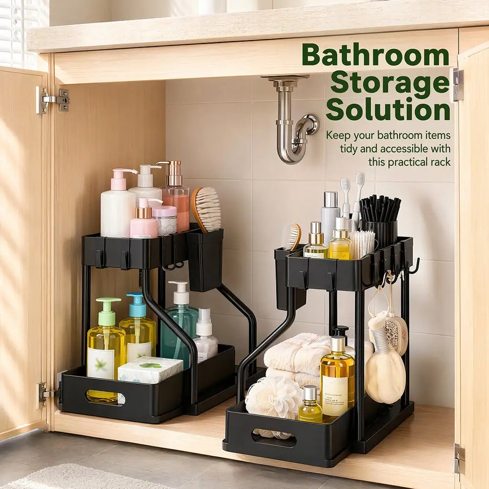 2-Tier Under Sink Organizer with Pull Out Drawer, Slide-Out Cabinet Storage Rack, Stainless Steel Kitchen Shelf with 5 Hooks & 2 Hanging Baskets