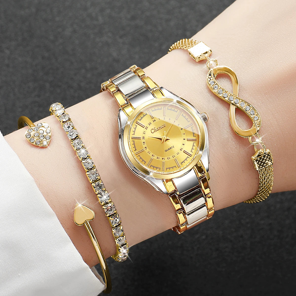 4PCS Elegant Women Watches Bracelets Set Ladies Luxury Analog Quartz Wristwatch Accessories Gift Relogio Feminino(Without Box)