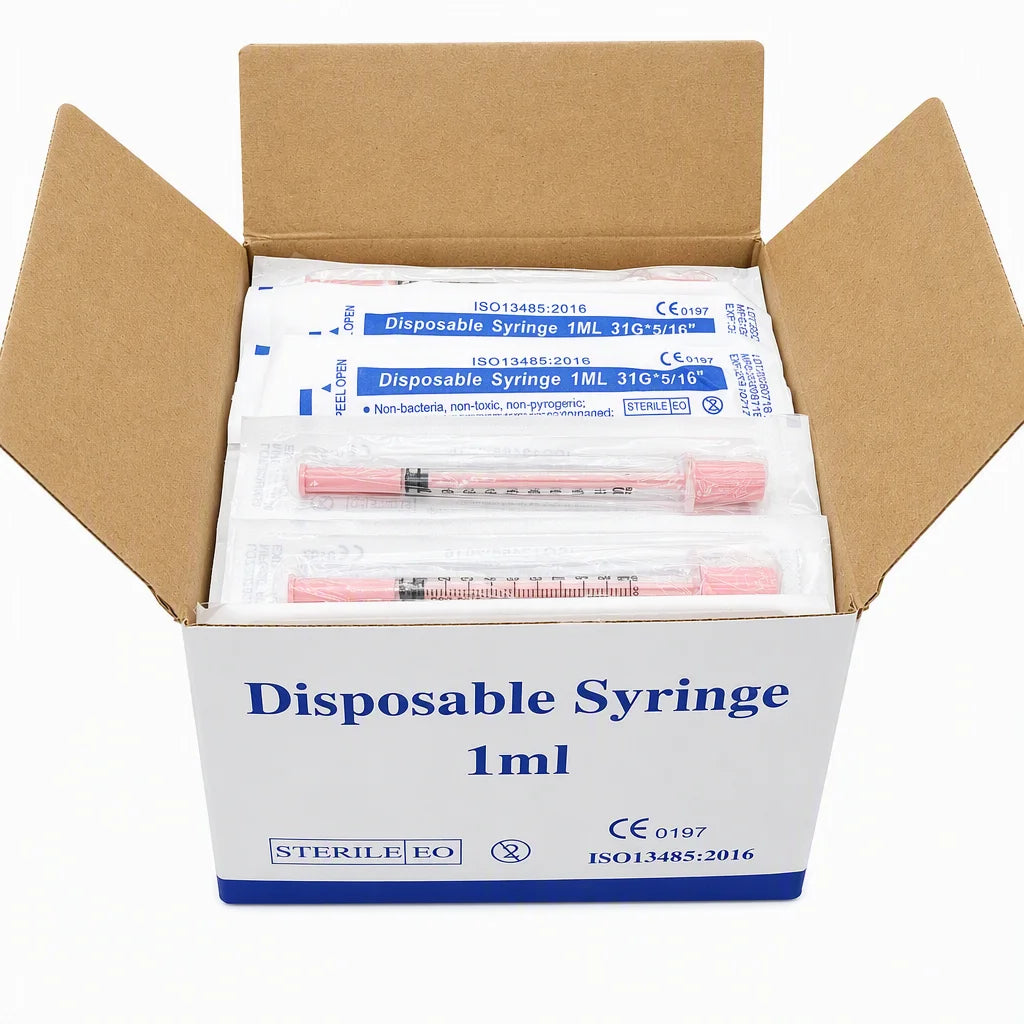 100pc 1ml 30G/31G 8mm Disposable Sterile Insulin Pink Syringe 5/16 inch Needles Individually Wrapped for Diabetic Pets & Hormone