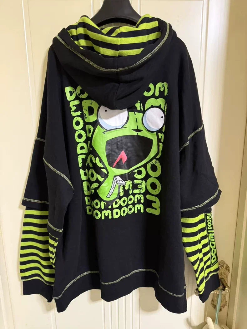 Streetwear Hoodies Jackets Women Clothing Contrast Color Striped Hooded Sweatshirts Cartoon Print Casual Fashion Hoodie Y2k Tops