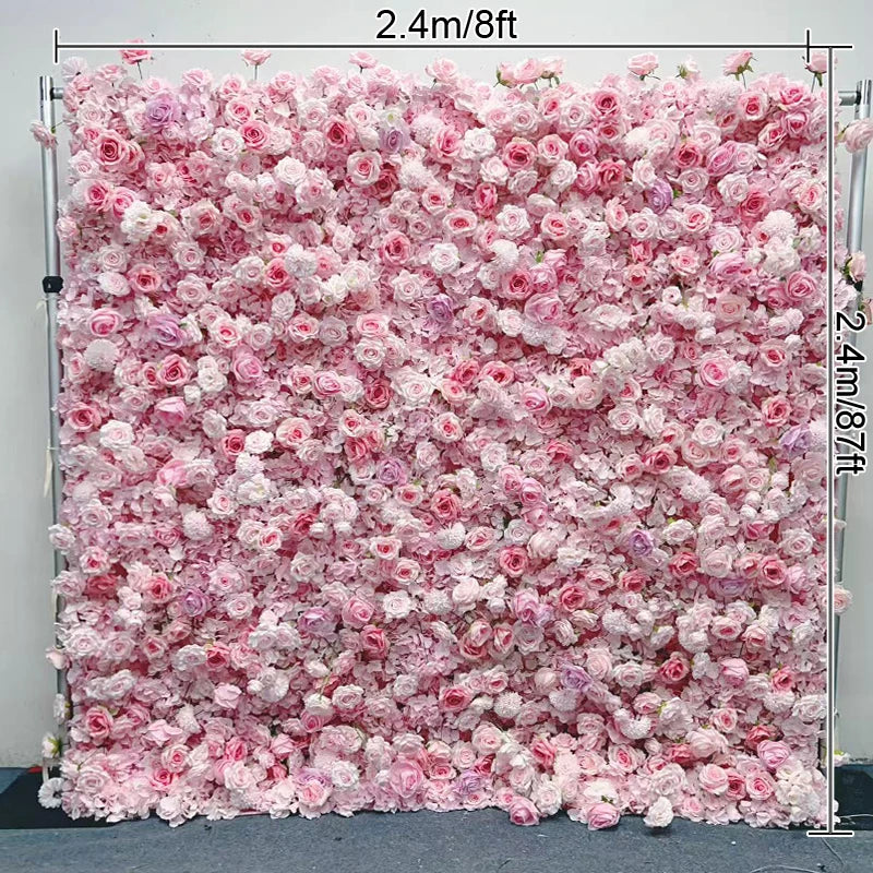 8ft/3.2ft Pink Flower Wall Artificial Silk Rose Backdrop For Wedding Decor Party 5D Floral Wall Roll Up Hanging Event Props