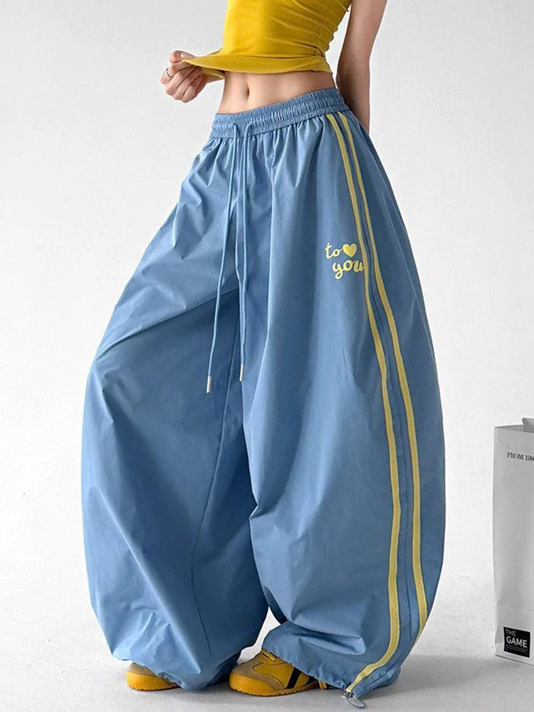 Hip Hop Striped Cargo Pant Women Streetwear Vintage Y2K Parachute Pants Loose Summer American Bf High Waist Letter Trousers New
