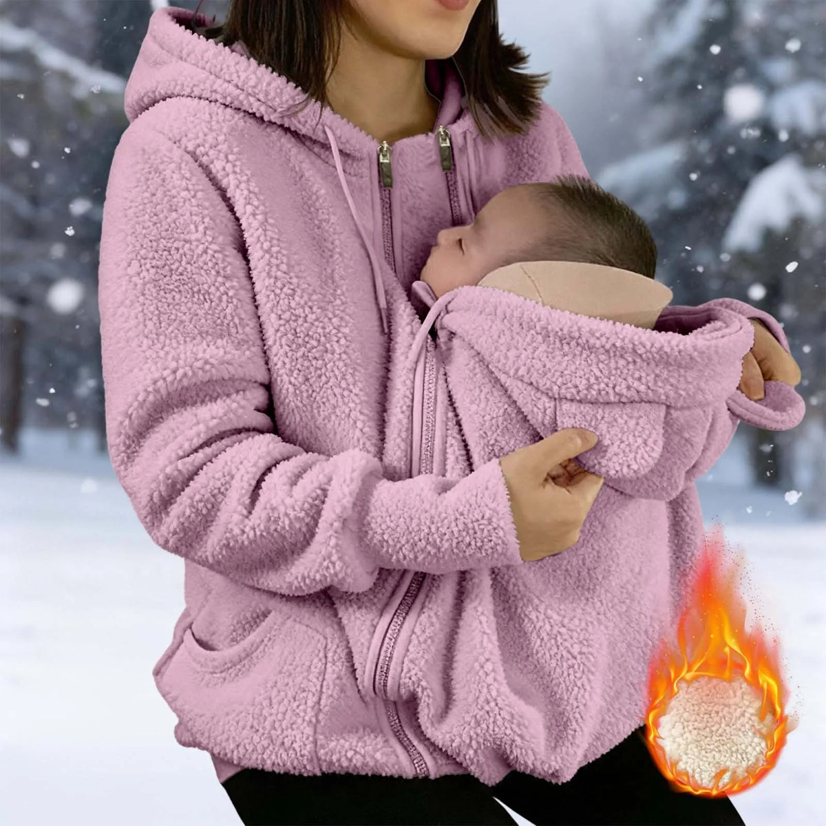 Autumn Winter Kangaroo Baby Carrier Hooded Jackets For Women Casual Hooded Mommy Outerwear Thickened Fleece Baby Pocket Jackets