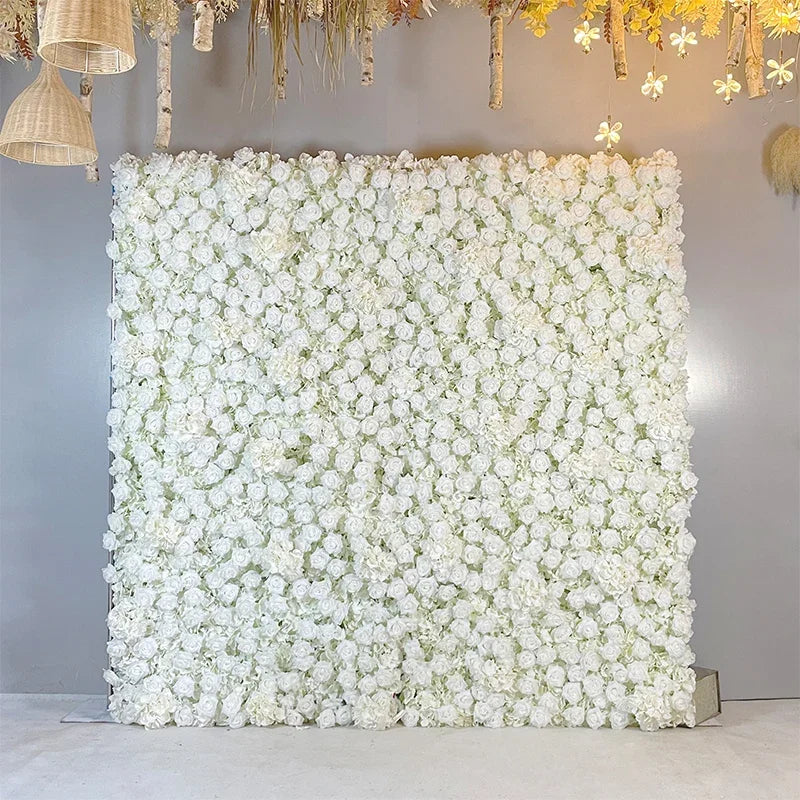 5D White Rose Cloth Flower Wall Artificail Fabric Roll Up Hydrangea Floral Wall Wedding Backdrop Decor Hang Curtain Photo Props