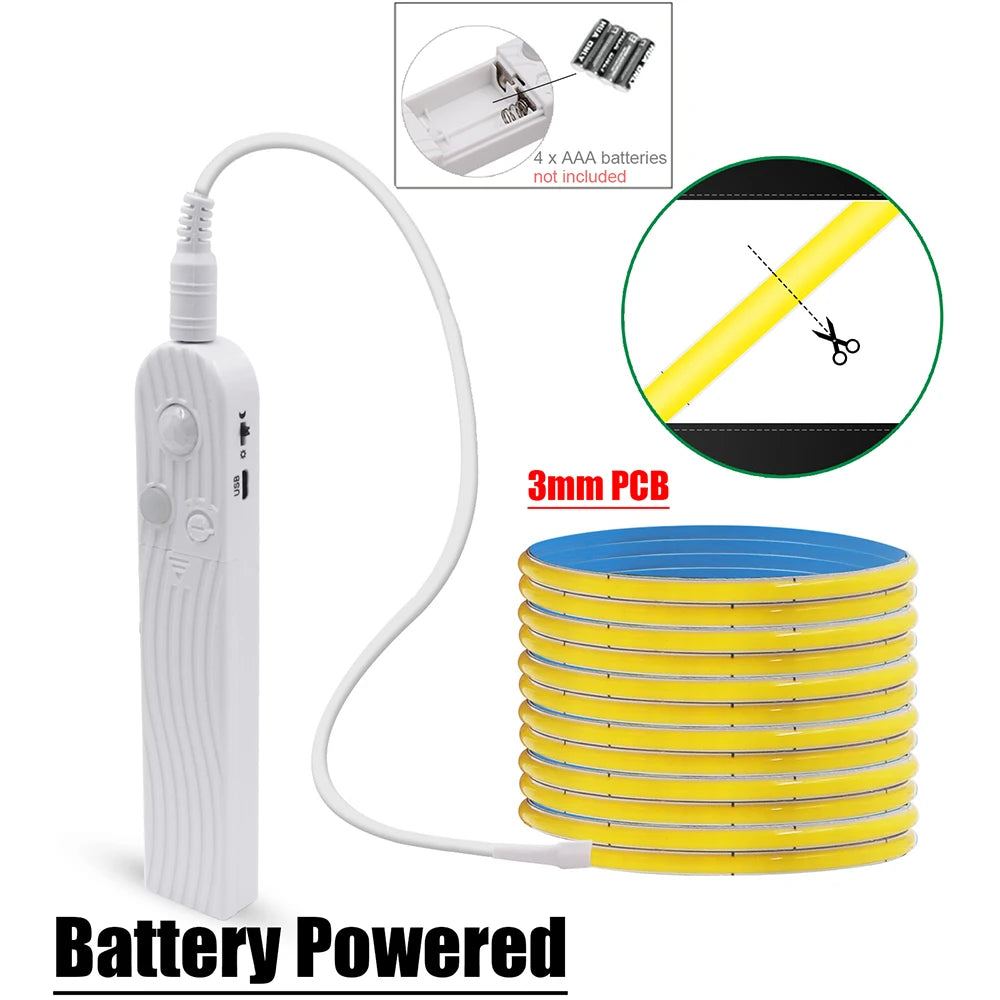 5V Motion Sensor Nigth Light COB Led Strip USB Battery Power 3mm 5mm 8mm PCB 320 LEDs Flex Lamp for Under Cabinet Kitchen Stairs