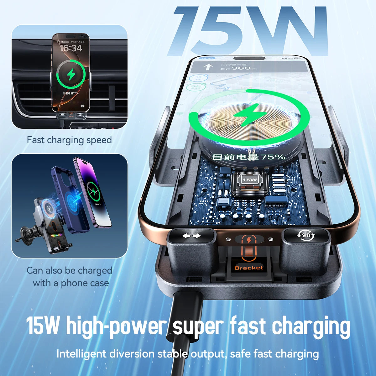 15W Wireless Charger Smart Induction Rotating Universal Car Mobile Phone Holder Air Outlet Clip For iPhone Samsung Xiaomi Huawei