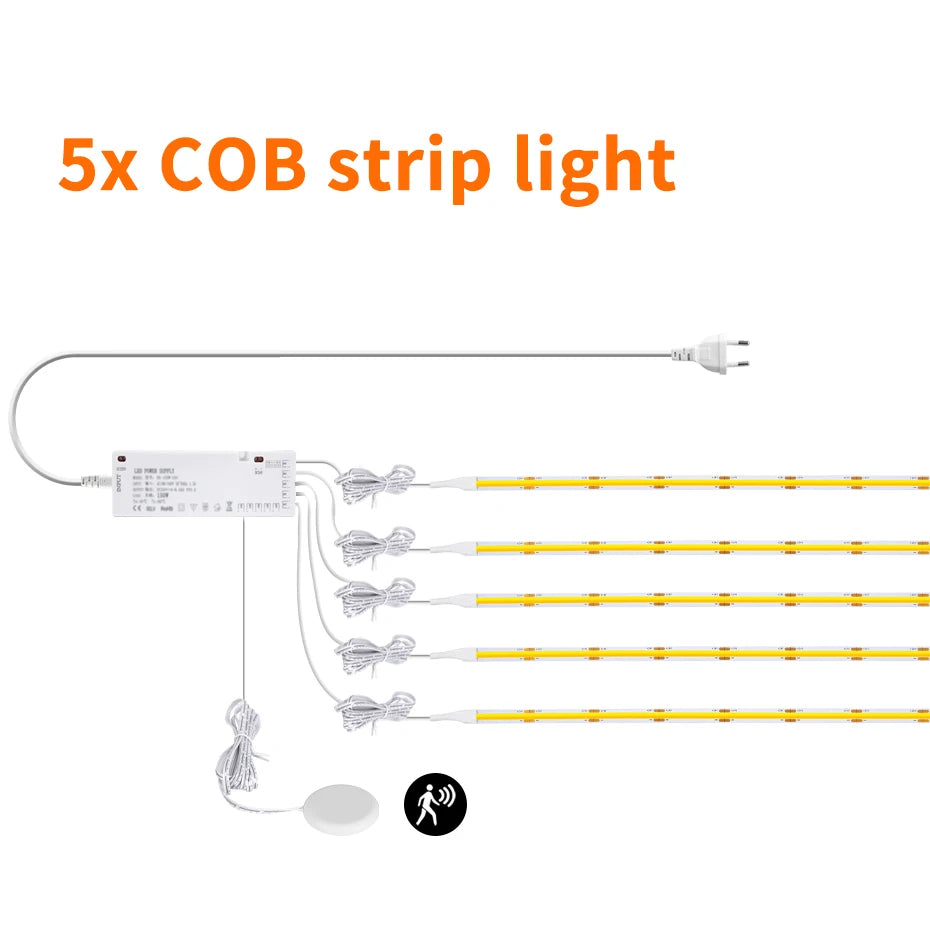 DC24V COB LED Cabinet Light 320LEDs/m with PIR Motion Sensor for DIY Wardrobe Showcase Backlight Adhesive Lighting 1m-5m