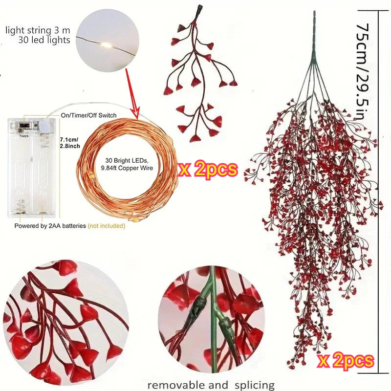 2Set DIY Glowing Artificial Hanging Plants Garland Red Ferns Fake Ivy Plant for Christmas Home Wedding Party Garden Decoration
