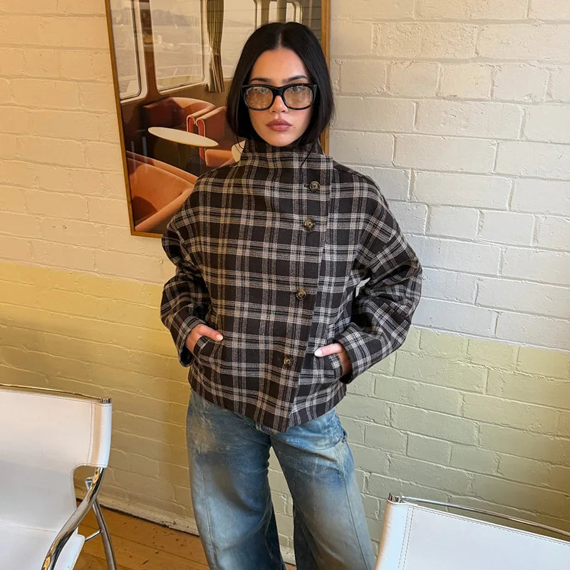 2026 Autumn Plaid Stand Collar Woolen Coats Ladies Casual Single-breasted Pockets Full Sleeve Jackets Women's Street Outwear
