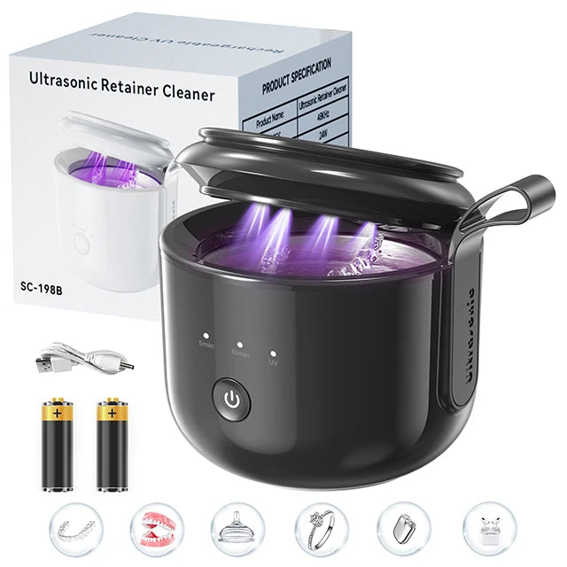 KUNPHY Dental Pod Ultrasonic Retainer Cleaner Machine 200ML with UV 3 Modes for Aligner Nightguard Mouth Guard Oral Dental Care
